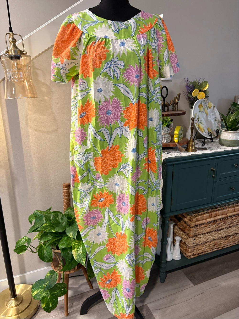 Floral Cotton Nightgown - Lime Green with Orange & Pink Bloom